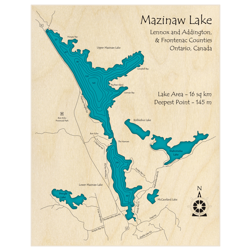 Bathymetric topo map of Mazinaw Lake with roads, towns and depths noted in blue water