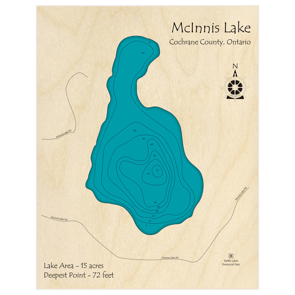Bathymetric topo map of McInnis Lake with roads, towns and depths noted in blue water