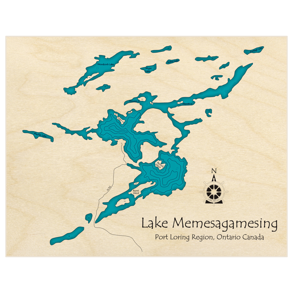 Bathymetric topo map of Lake Memesagamesing  with roads, towns and depths noted in blue water