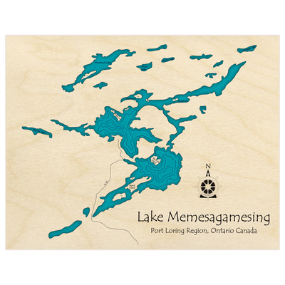 Bathymetric topo map of Lake Memesagamesing  with roads, towns and depths noted in blue water