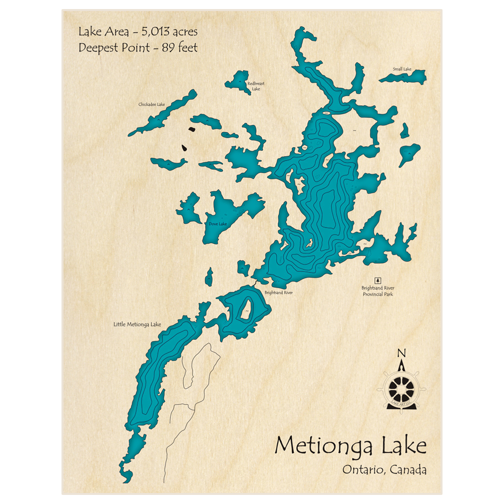 Bathymetric topo map of Metionga Lake with Little Metionga Lake with roads, towns and depths noted in blue water