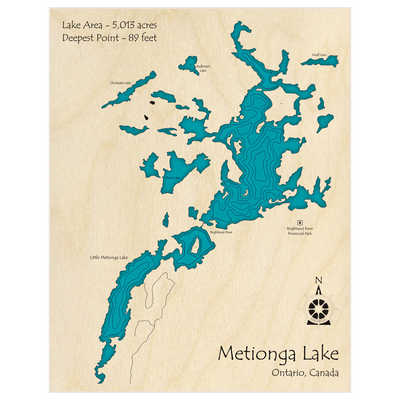 Bathymetric topo map of Metionga Lake with Little Metionga Lake with roads, towns and depths noted in blue water