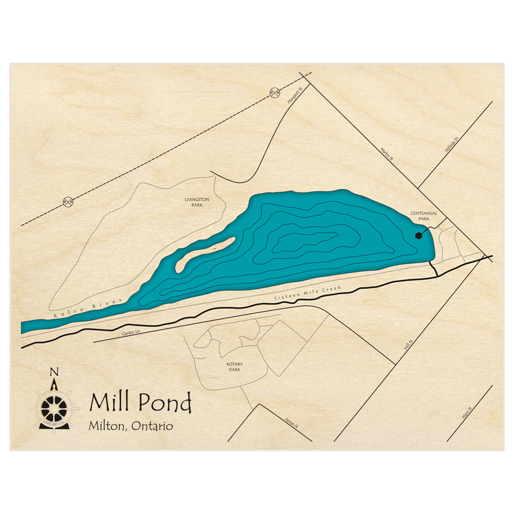 Bathymetric topo map of Mill Pond  with roads, towns and depths noted in blue water