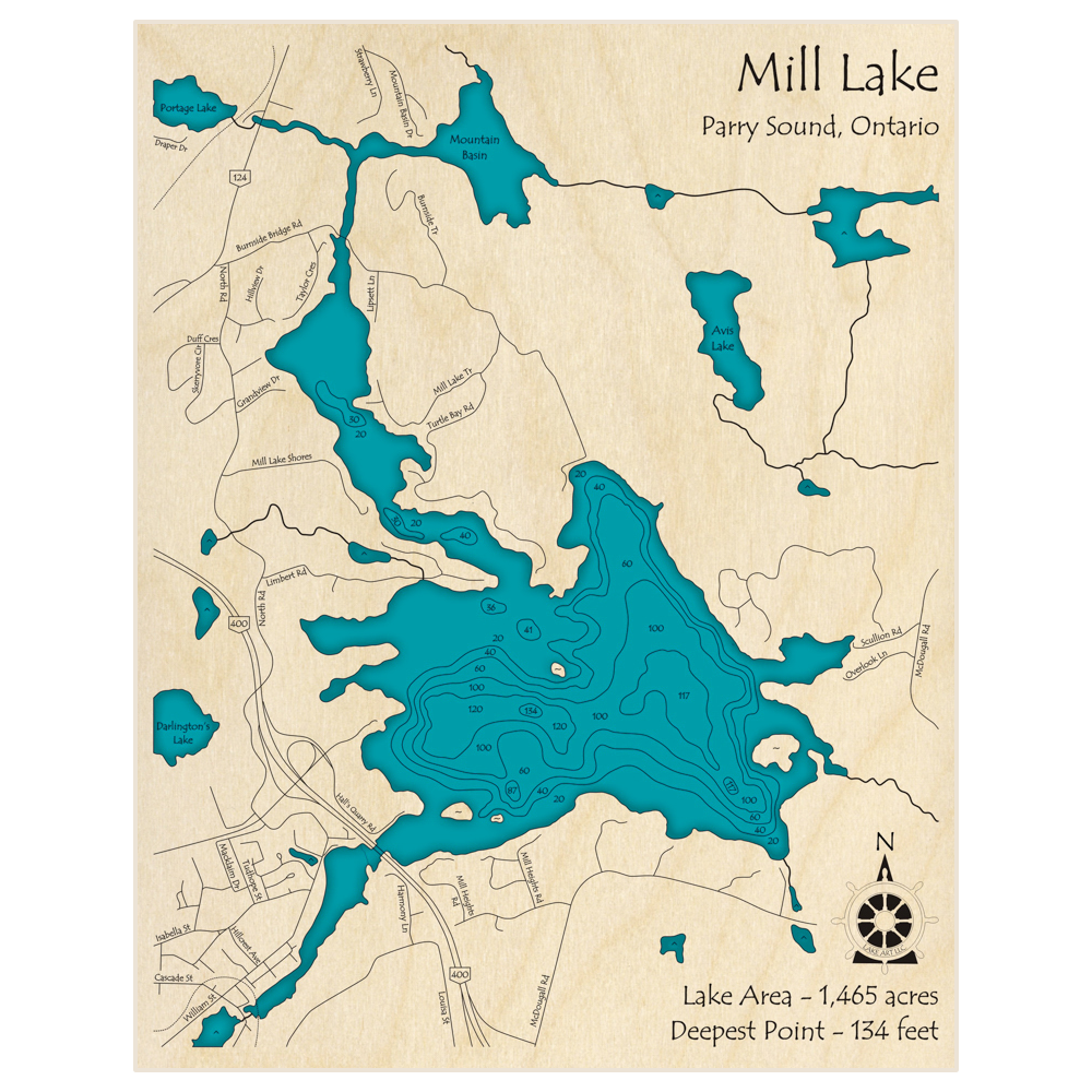 Bathymetric topo map of Mill Lake with roads, towns and depths noted in blue water