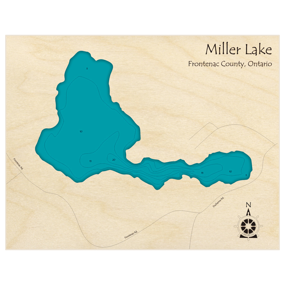 Bathymetric topo map of Miller Lake with roads, towns and depths noted in blue water