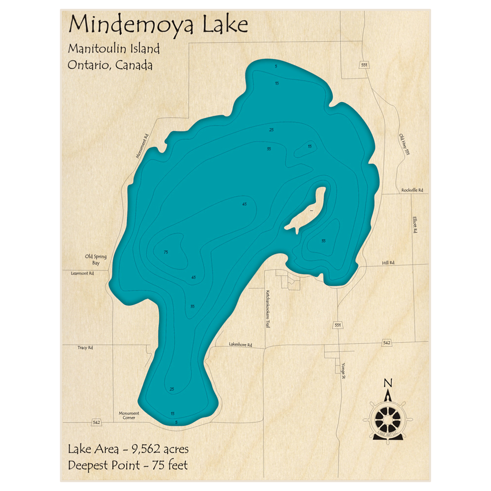 Bathymetric topo map of Mindemoya Lake with roads, towns and depths noted in blue water