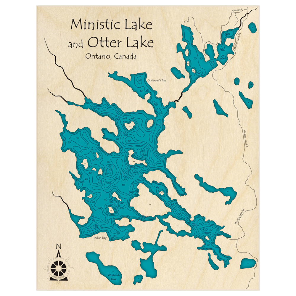 Bathymetric topo map of Otter Lake and Ministic Lake with roads, towns and depths noted in blue water