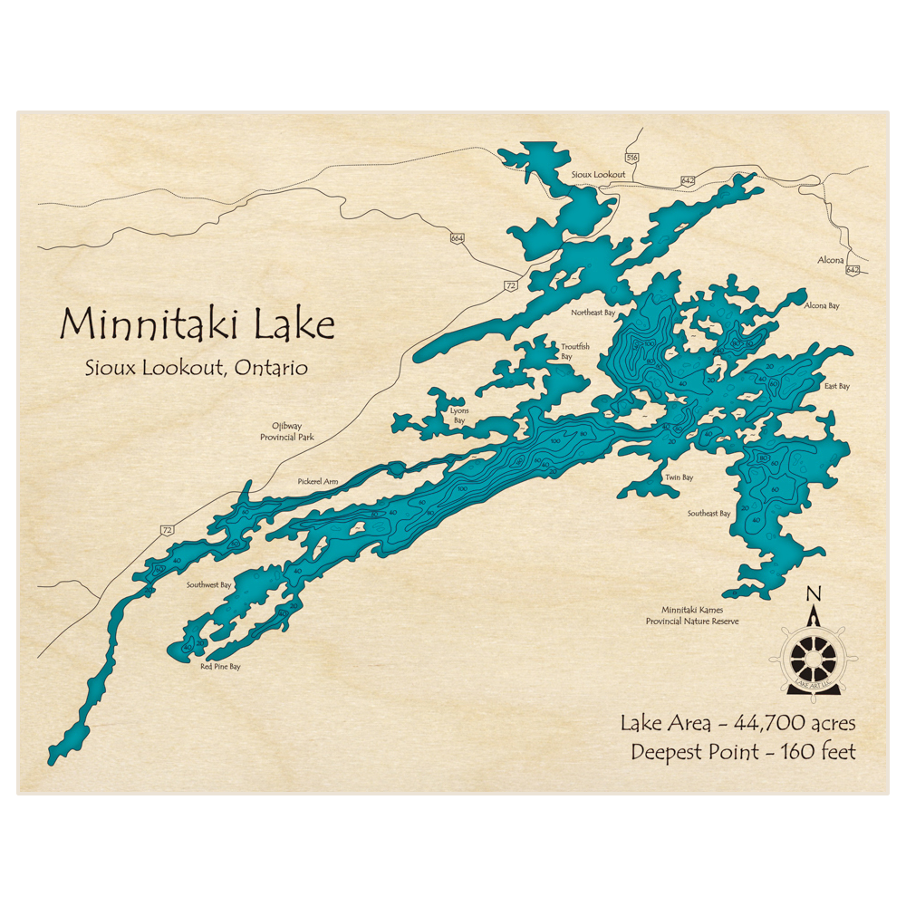 Bathymetric topo map of Minnitaki Lake with roads, towns and depths noted in blue water