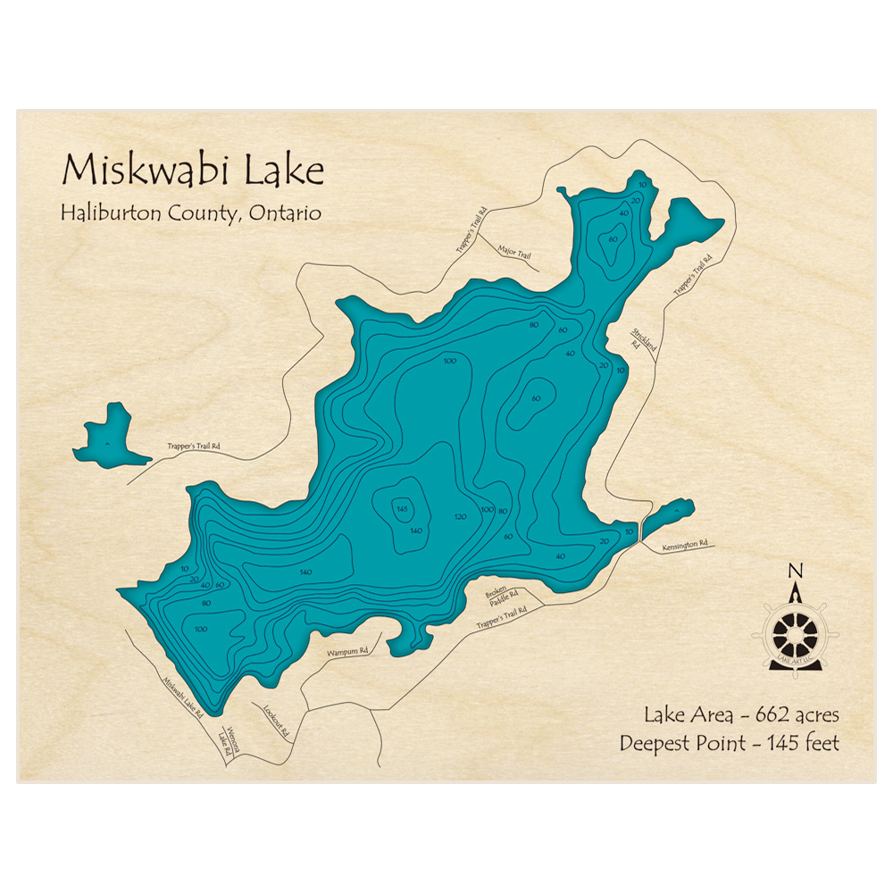 Bathymetric topo map of Miskwabi Lake with roads, towns and depths noted in blue water