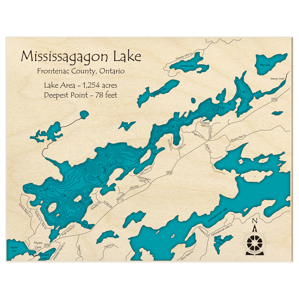 Bathymetric topo map of Mississagagon Lake with roads, towns and depths noted in blue water