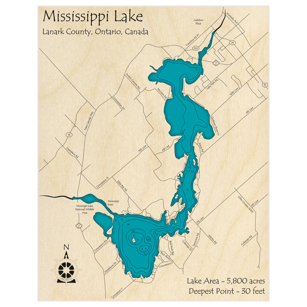 Bathymetric topo map of Mississippi Lake with roads, towns and depths noted in blue water