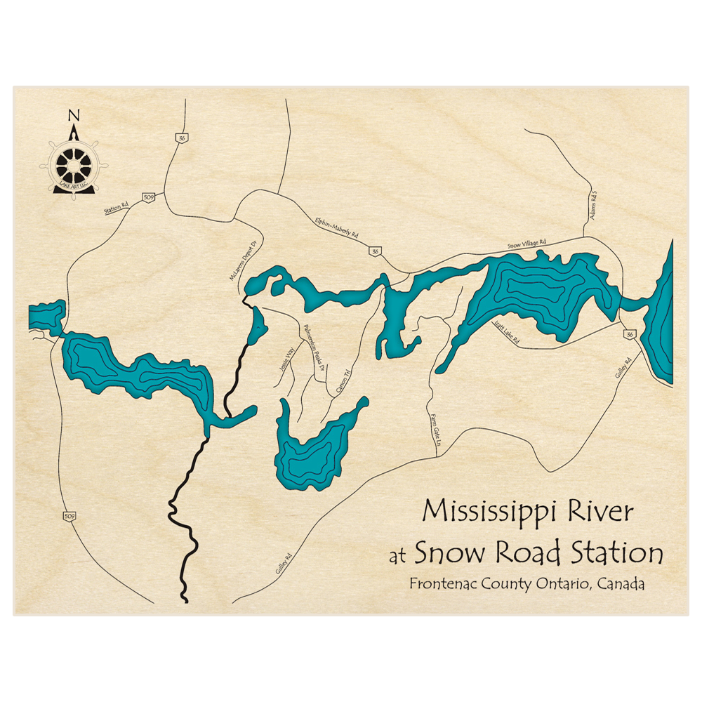 Bathymetric topo map of Mississippi River at Snow Road Station  with roads, towns and depths noted in blue water