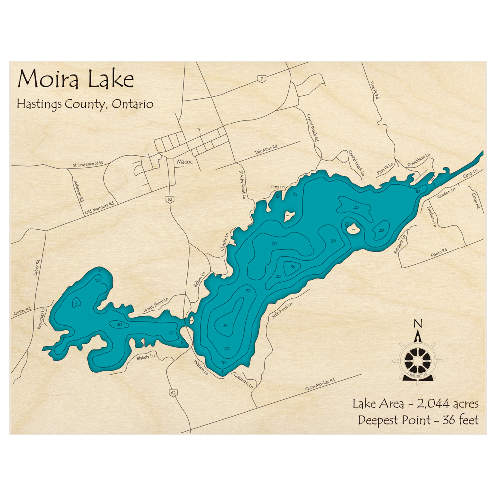 Bathymetric topo map of Moira Lake with roads, towns and depths noted in blue water