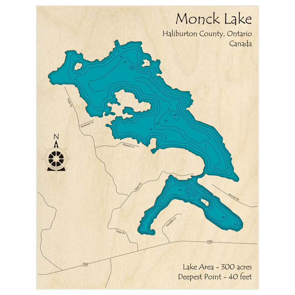 Bathymetric topo map of Monck Lake with roads, towns and depths noted in blue water