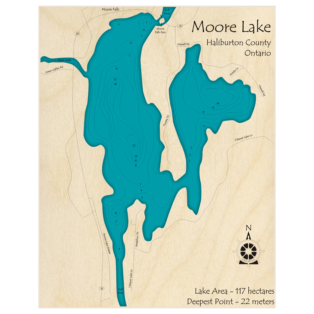Bathymetric topo map of Moore Lake with roads, towns and depths noted in blue water
