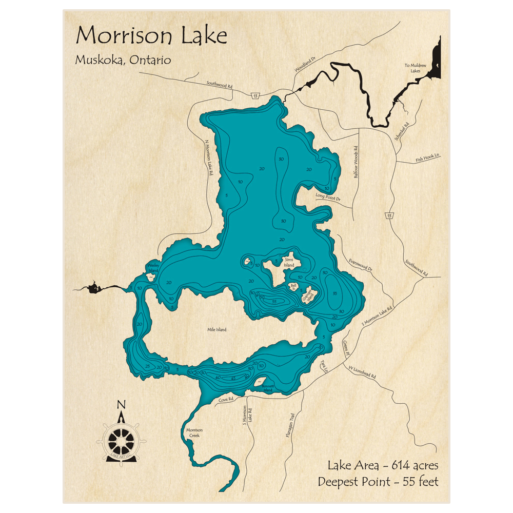 Bathymetric topo map of Morrison Lake with roads, towns and depths noted in blue water