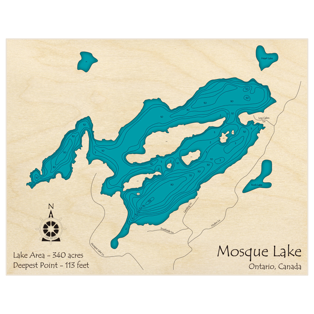 Bathymetric topo map of Mosque Lake with roads, towns and depths noted in blue water