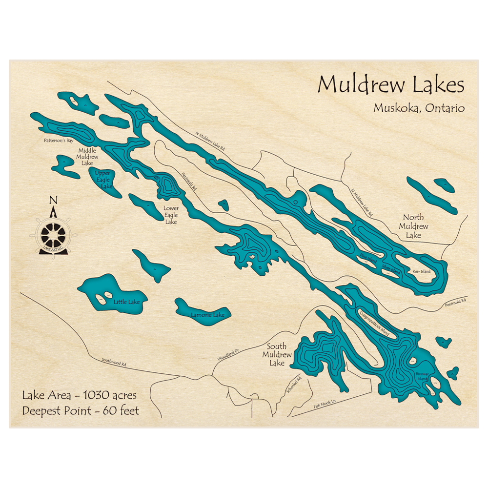 Bathymetric topo map of Muldrew Lakes with roads, towns and depths noted in blue water