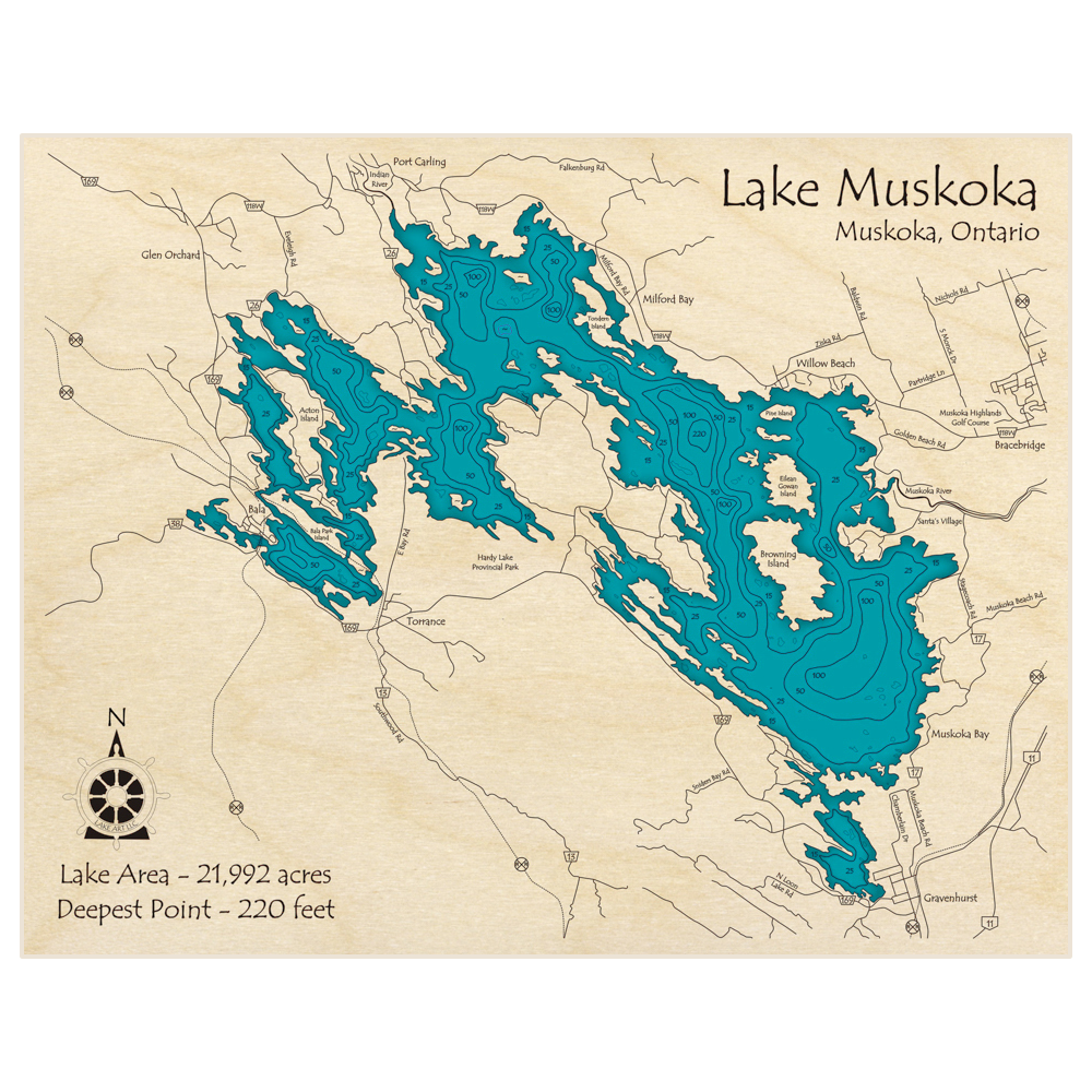 Bathymetric topo map of Lake Muskoka with roads, towns and depths noted in blue water