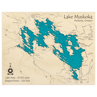 Bathymetric topo map of Lake Muskoka with roads, towns and depths noted in blue water