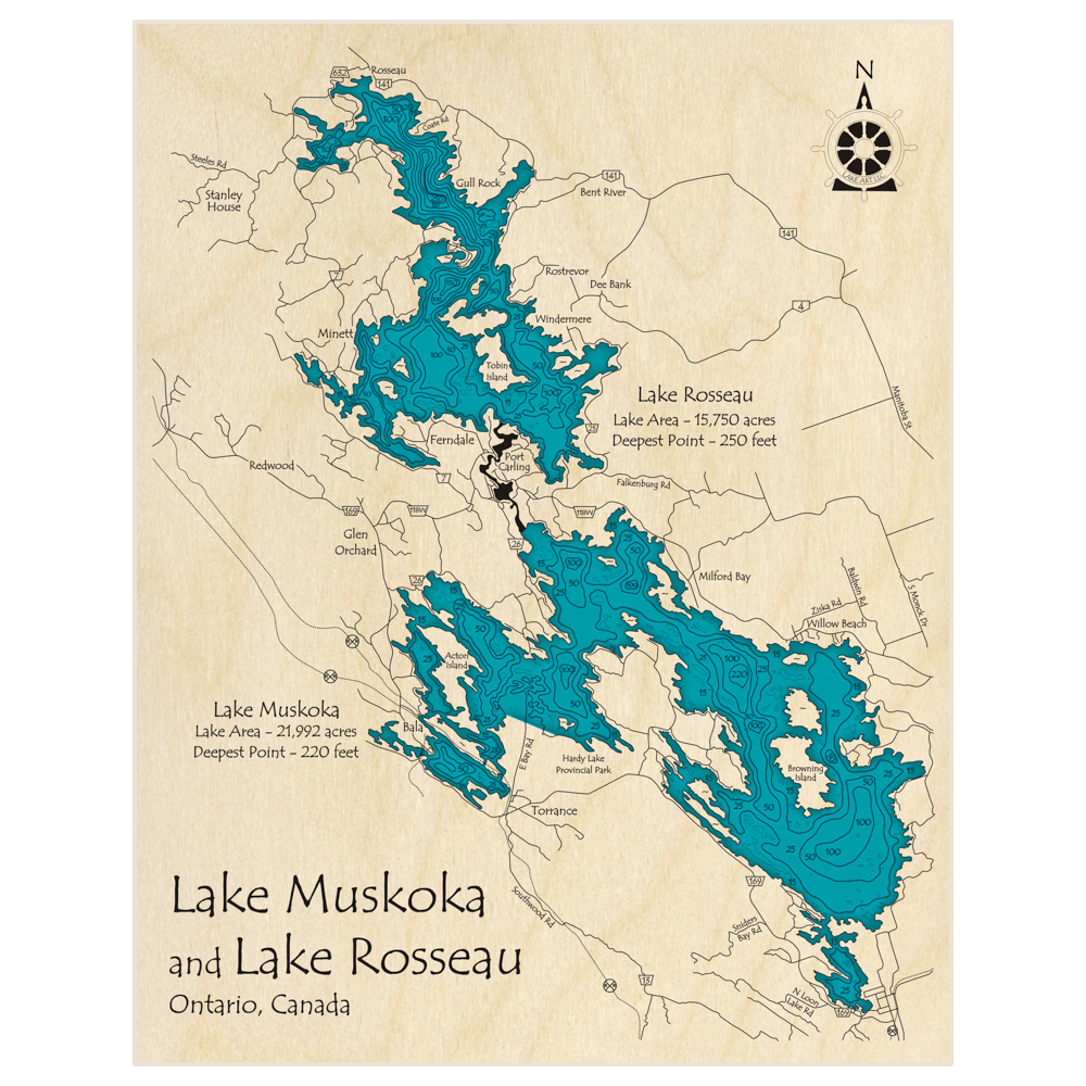 Bathymetric topo map of Lake Muskoka (With Lake Rosseau) with roads, towns and depths noted in blue water
