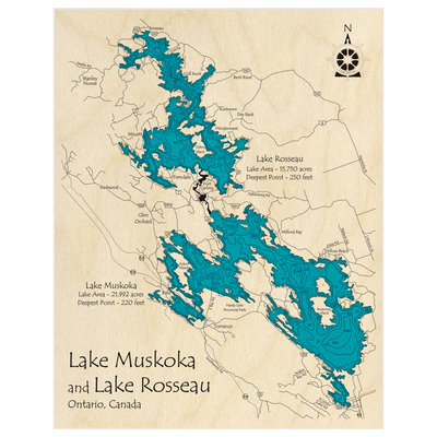 Bathymetric topo map of Lake Muskoka (With Lake Rosseau) with roads, towns and depths noted in blue water