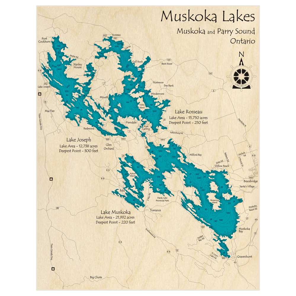 Bathymetric topo map of Lake Muskoka (With Rosseau and Joseph) with roads, towns and depths noted in blue water