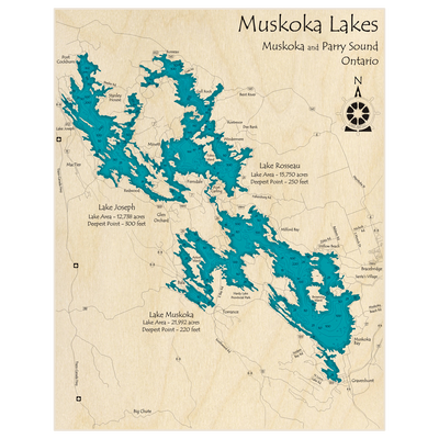 Bathymetric topo map of Lake Muskoka (With Rosseau and Joseph) with roads, towns and depths noted in blue water