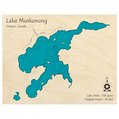 Bathymetric topo map of Lake Muskosung with roads, towns and depths noted in blue water