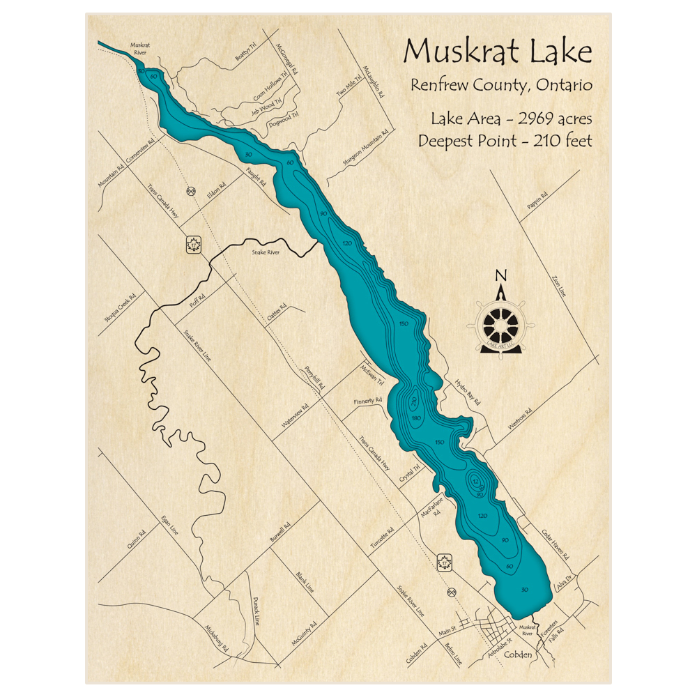 Bathymetric topo map of Muskrat Lake (Near Cobden) with roads, towns and depths noted in blue water