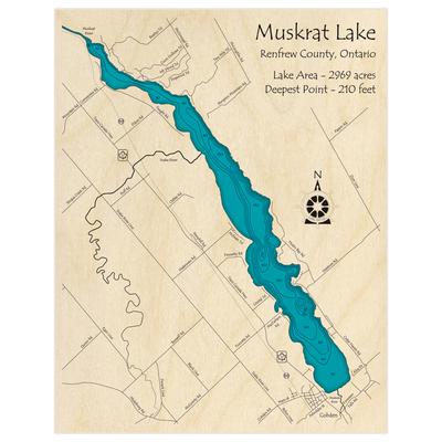 Bathymetric topo map of Muskrat Lake (Near Cobden) with roads, towns and depths noted in blue water
