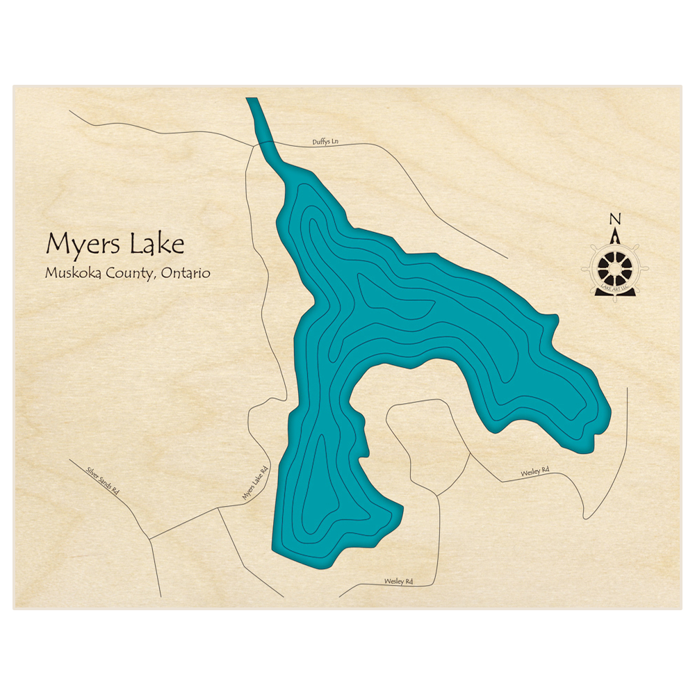 Bathymetric topo map of Myers Lake with roads, towns and depths noted in blue water