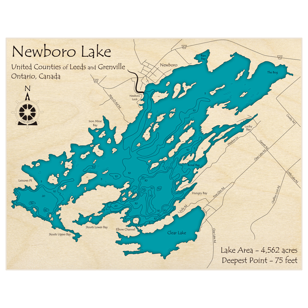 Bathymetric topo map of Newboro Lake with roads, towns and depths noted in blue water