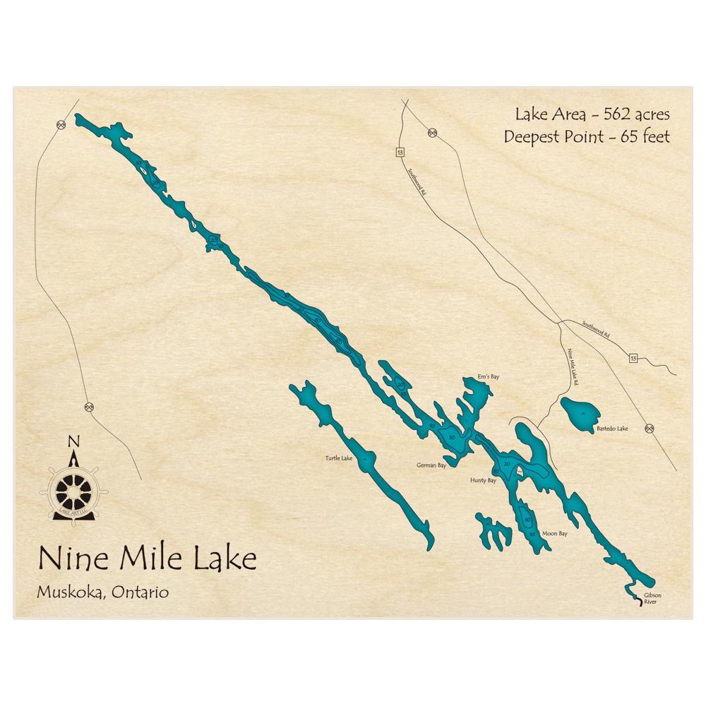 Bathymetric topo map of Nine Mile Lake with roads, towns and depths noted in blue water