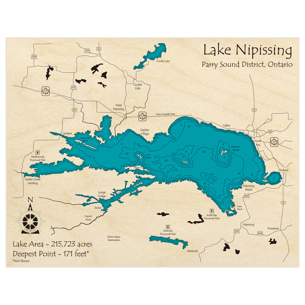 Bathymetric topo map of Lake Nipissing with roads, towns and depths noted in blue water