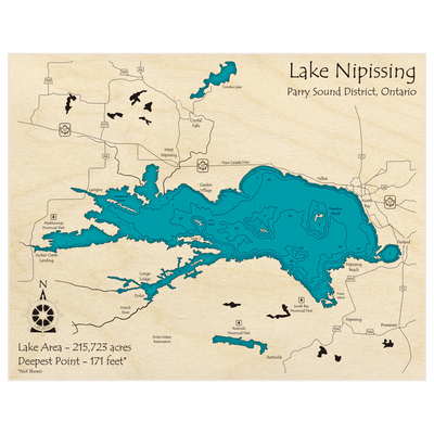 Bathymetric topo map of Lake Nipissing with roads, towns and depths noted in blue water