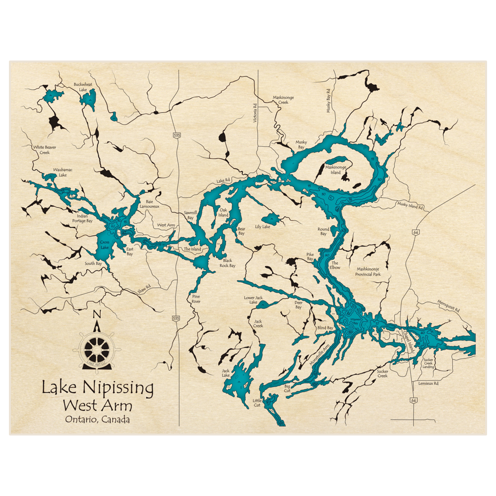 Bathymetric topo map of West Bay of Lake Nipissing with roads, towns and depths noted in blue water