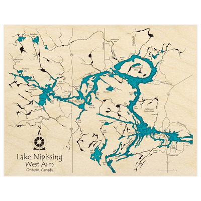 Bathymetric topo map of West Bay of Lake Nipissing with roads, towns and depths noted in blue water