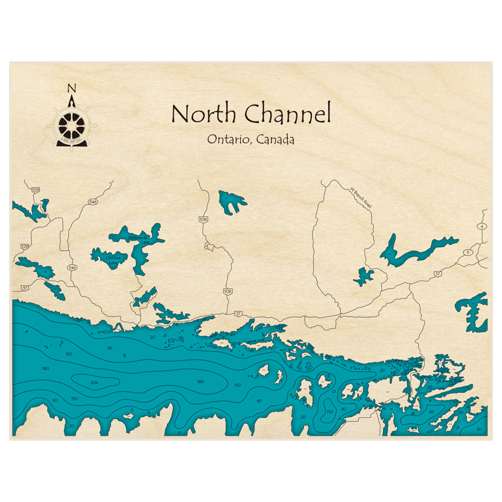 Bathymetric topo map of North Channel (Iron Bridge to Little Current) with roads, towns and depths noted in blue water