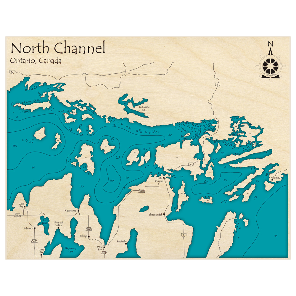 Bathymetric topo map of North Channel (Advance to Killarney) with roads, towns and depths noted in blue water