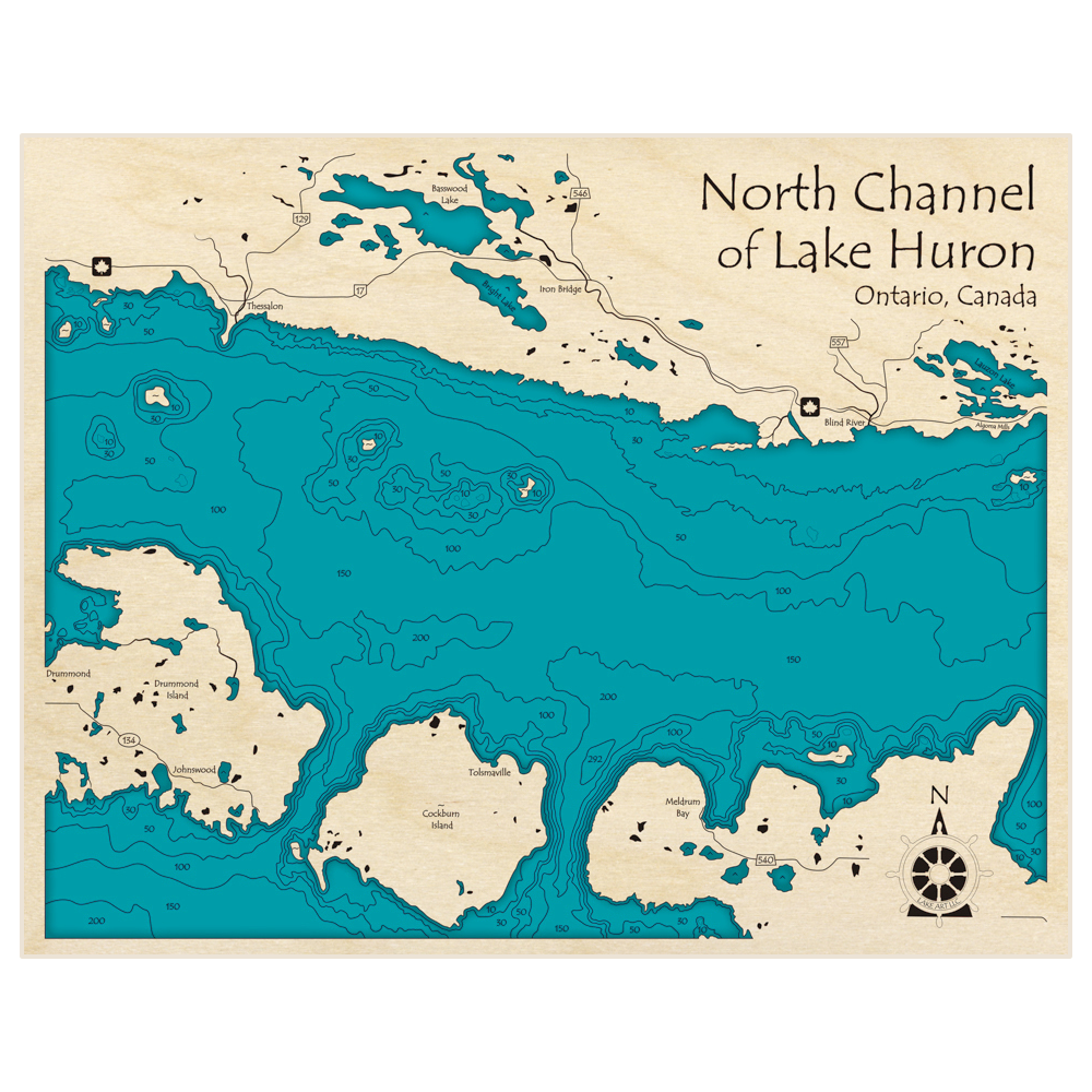 Bathymetric topo map of North Channel of Lake Huron with roads, towns and depths noted in blue water