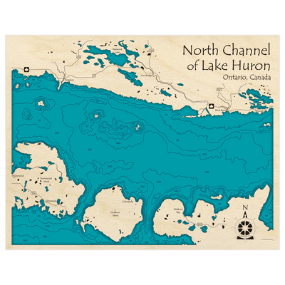 Bathymetric topo map of North Channel of Lake Huron with roads, towns and depths noted in blue water