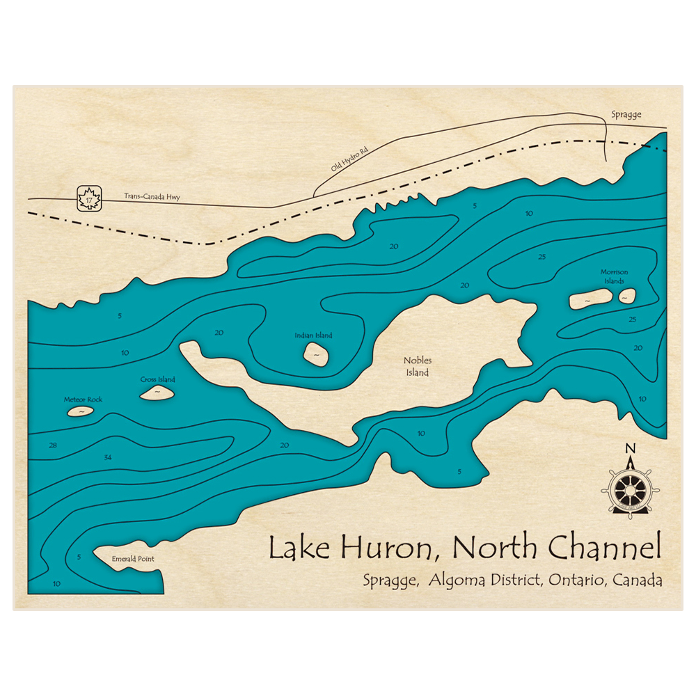 Bathymetric topo map of North Channel (at Spragge) with roads, towns and depths noted in blue water