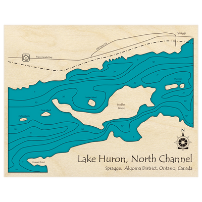 Bathymetric topo map of North Channel (at Spragge) with roads, towns and depths noted in blue water