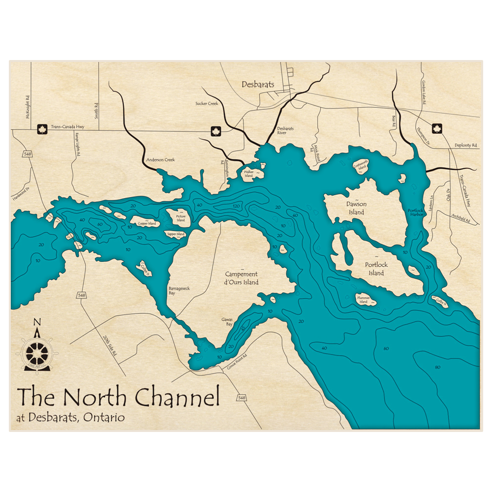 Bathymetric topo map of North Channel (At Desbarats) with roads, towns and depths noted in blue water