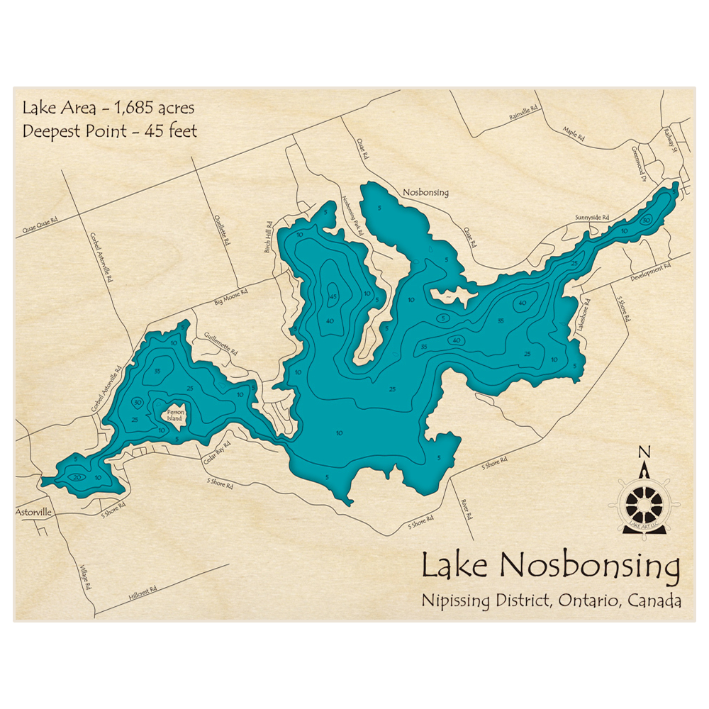 Bathymetric topo map of Lake Nosbonsing with roads, towns and depths noted in blue water