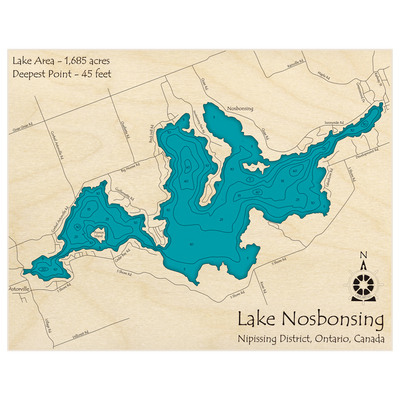 Bathymetric topo map of Lake Nosbonsing with roads, towns and depths noted in blue water