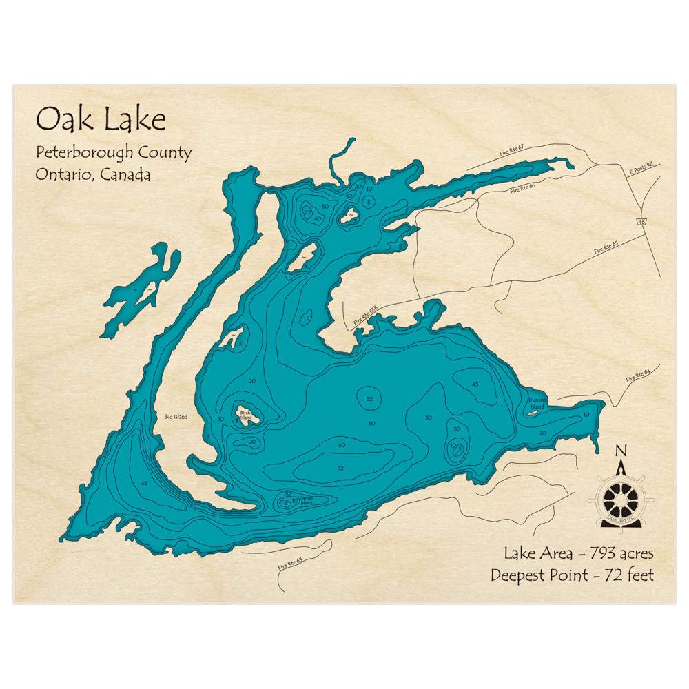 Bathymetric topo map of Oak Lake with roads, towns and depths noted in blue water