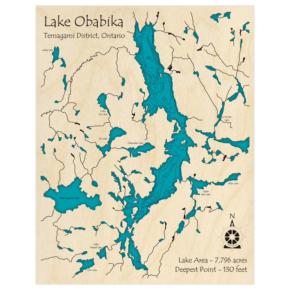 Bathymetric topo map of Lake Obabika with roads, towns and depths noted in blue water