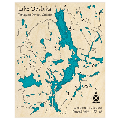 Bathymetric topo map of Lake Obabika with roads, towns and depths noted in blue water